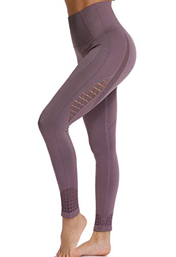 FITTOO Leggings Sin Costuras Corte de Malla Mujer Pantalon Deportivo Alta Cintura Yoga Elásticos Fitness Seamless #1 Morado Small