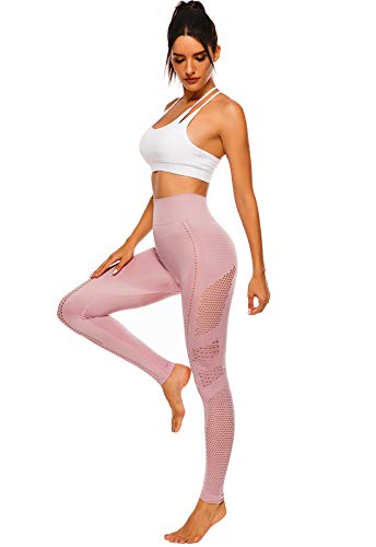 FITTOO Leggings Sin Costuras Corte de Malla Mujer Pantalon Deportivo Alta Cintura Yoga Elásticos Fitness Seamless #1 Rosa M