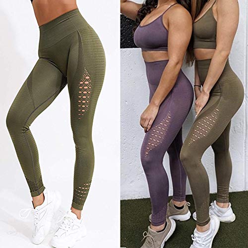 FITTOO Leggings Sin Costuras Corte de Malla Mujer Pantalon Deportivo Alta Cintura Yoga Elásticos Fitness Seamless #1 Verde Small