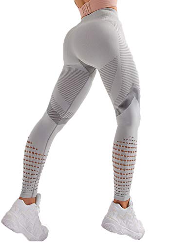 FITTOO Leggings Sin Costuras Corte de Malla Mujer Pantalon Deportivo Alta Cintura Yoga Elásticos Fitness Seamless #4 Gris Medium