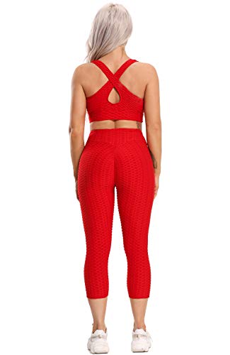 FITTOO Mallas 3/4 Leggings Capris Mujer Pantalones Yoga Alta Cintura Elásticos Super Suave #1 Rojo M