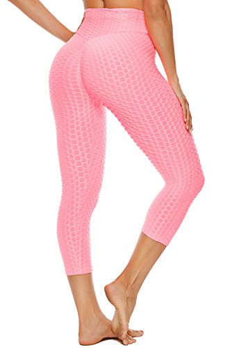 FITTOO Mallas 3/4 Leggings Capris Mujer Pantalones Yoga Alta Cintura Elásticos Super Suave #1 Rosa XL