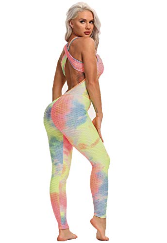 FITTOO Mallas Pantalones Deportivos Leggings Mujer Yoga de Alta Cintura Elásticos Yoga Running Fitness ElásticosRosa & Amarillo L