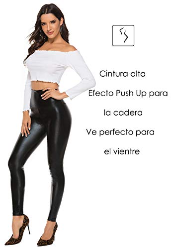 FITTOO Mujeres PU Leggins Cuero Brillante Pantalón Elásticos Pantalones para MujerG300-2 Negro Brillante M