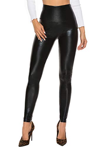 FITTOO Mujeres PU Leggins Cuero Brillante Pantalón Elásticos Pantalones para MujerG300-2 Negro Brillante M