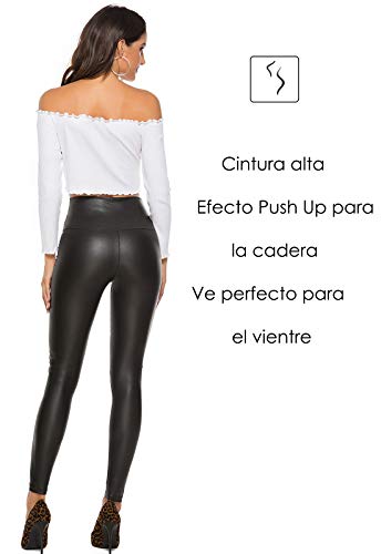 FITTOO Mujeres PU Leggins Cuero Brillante Pantalón Elásticos Pantalones para MujerG300-2 Negro Mate XL