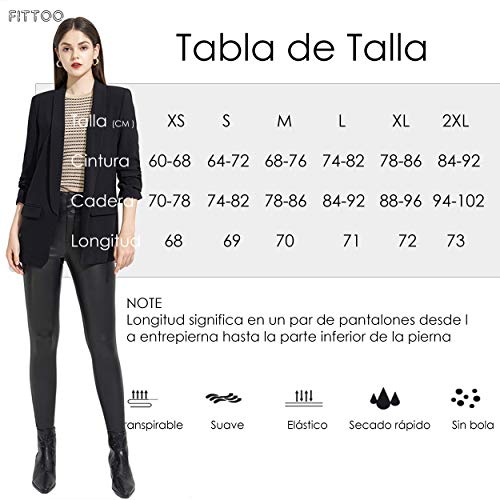 FITTOO PU Leggings Cuero Imitación Pantalón Elásticos Cintura Alta Push Up para Mujer #1 Bolsillo Falso Poca Terciopelo Negro L