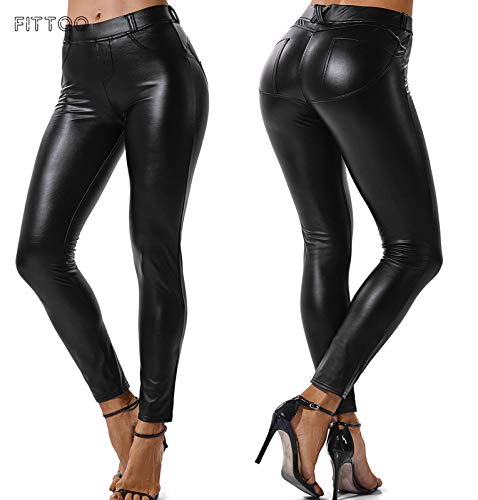 FITTOO PU Leggings Cuero Imitación Pantalón Elásticos Cintura Alta Push Up para Mujer #1 Bolsillo Falso Poca Terciopelo Negro M