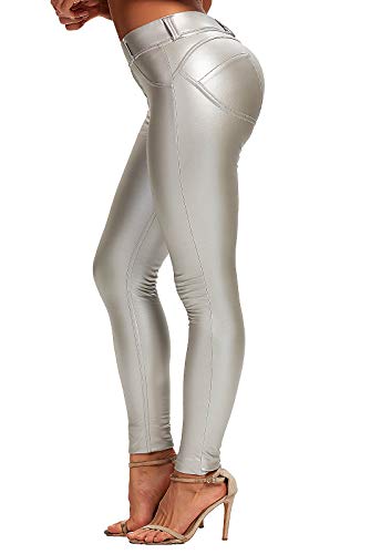 FITTOO PU Leggings Cuero Imitación Pantalón Elásticos Cintura Alta Push Up para Mujer #1 Bolsillo Falso Poca Terciopelo Plata M