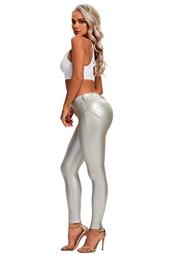 FITTOO PU Leggings Cuero Imitación Pantalón Elásticos Cintura Alta Push Up para Mujer #1 Bolsillo Falso Poca Terciopelo Plata M