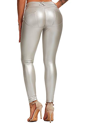 FITTOO PU Leggings Cuero Imitación Pantalón Elásticos Cintura Alta Push Up para Mujer #1 Bolsillo Falso Poca Terciopelo Plata M