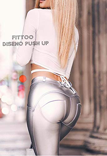 FITTOO PU Leggings Cuero Imitación Pantalón Elásticos Cintura Alta Push Up para Mujer #1 Bolsillo Falso Poca Terciopelo Plata M