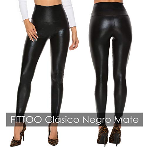 FITTOO PU Leggings Cuero Imitación Pantalón Elásticos Cintura Alta Push Up para Mujer #2 Clásico Negro Brillante S