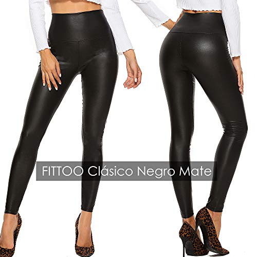 FITTOO PU Leggings Cuero Imitación Pantalón Elásticos Cintura Alta Push Up para Mujer #2 Clásico Negro Mate 2XL