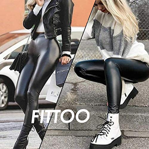 FITTOO PU Leggings Cuero Imitación Pantalón Elásticos Cintura Alta Push Up para Mujer #2 Clásico Negro Mate S