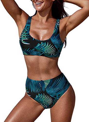 Fiyote - Bañador para mujer, 2 piezas, bikini estampado, chaleco push up, cintura alta, cuello redondo, bikini de 2 piezas, retro, reductor S-2XL Negro L