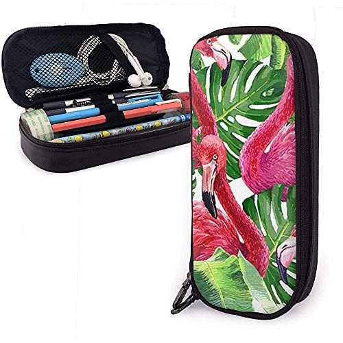 Flamencos elegantes sentados en macro trópico Hojas exóticas Estuche de lápices, bolsa de lápices de gran capacidad Bolsa de maquillaje
