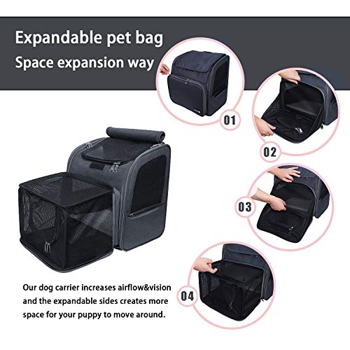 FLOFIA Mochila Perro Gato Mascotas Portador de Viaje Mochila Bolsa de Transporte Transportin para Perros Pequeños Medianos Gatos, Ampliable Plegable para Coche Bici Moto Avión, Carga Máxima 7kg, Gris