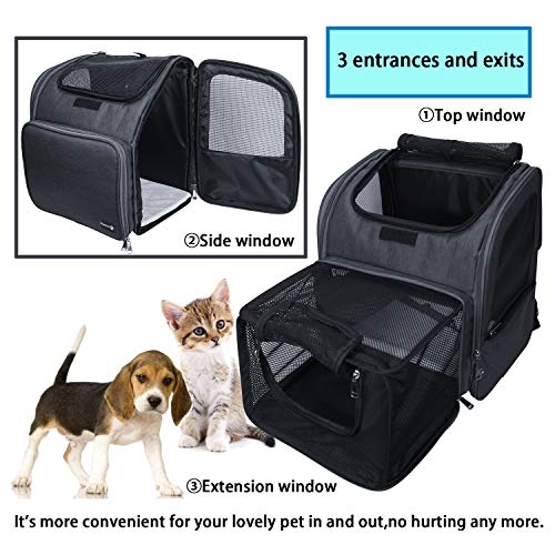 FLOFIA Mochila Perro Gato Mascotas Portador de Viaje Mochila Bolsa de Transporte Transportin para Perros Pequeños Medianos Gatos, Ampliable Plegable para Coche Bici Moto Avión, Carga Máxima 7kg, Gris