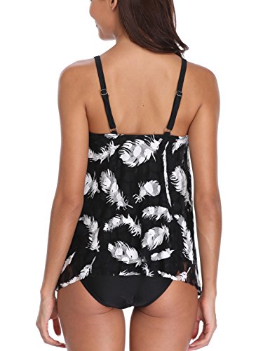 FLYILY Tankini baño de Malla para Mujer Conjunto de Dos Piezas Bikini de Cintura Alta Tallas Grandes(Feather,XXL)