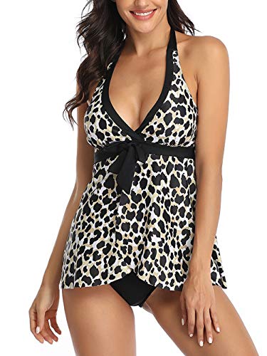 FLYILY Traje de baño de Dos Piezas para Mujer Acolchado Bandeau Swimsuit Tankini Conjunto de Traje de baño con Estampado de Moda Boyshort