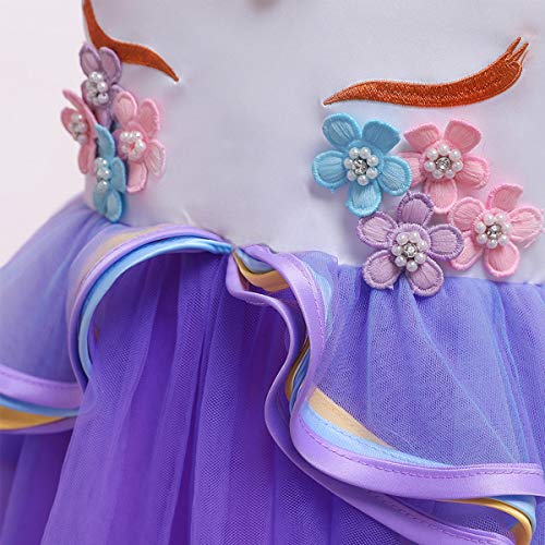 FMYFWY Niña Vestido de Unicornio Princesa Cumpleaños Manga Larga Disfraz de Carnaval Halloween Navidad Fiesta de Cosplay para Chicas Bautizo Comunión Boda Velada Ropa con Diadema Morado 6-7