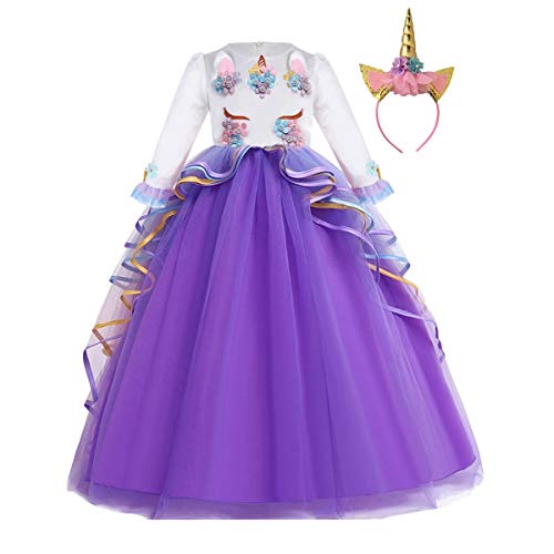 FMYFWY Niña Vestido de Unicornio Princesa Cumpleaños Manga Larga Disfraz de Carnaval Halloween Navidad Fiesta de Cosplay para Chicas Bautizo Comunión Boda Velada Ropa con Diadema Morado 6-7