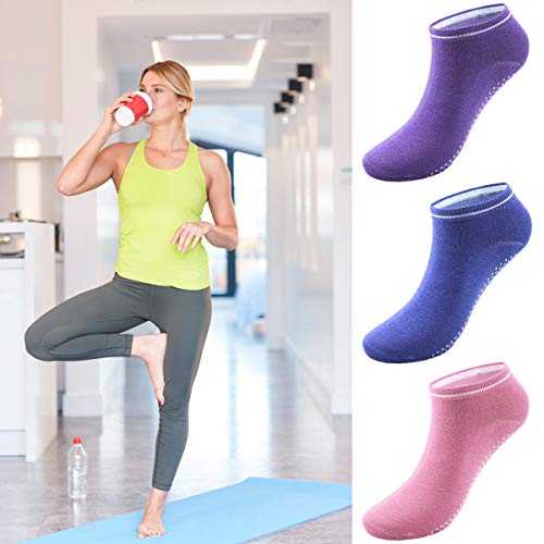 Fodlon Calcetines Pilates Yoga, 5 Par（Negro/Gris/púrpura/Polvo/Azul） Calcetines Antideslizantes de Deporte Traspirable Mujer para Yoga, Hospital, Pilates