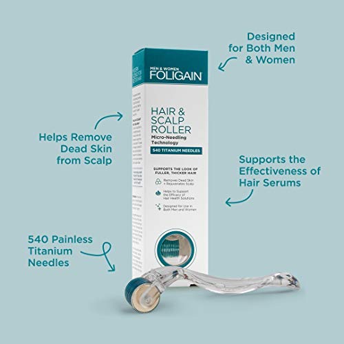FOLIGAIN - Rodillo para cabello y cuero cabelludo - Rodillo de microagujas para la pérdida del cabello - 540 microagujas de titanio a 0.25 mm - Derma Roller sin dolor para hombres y mujeres