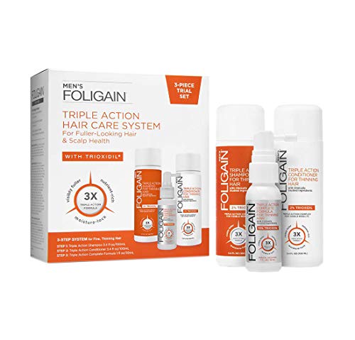 FOLIGAIN - Sistema de pérdida de cabello de triple acción para hombres con 10% de trioxidil - Champú, acondicionador y loción
