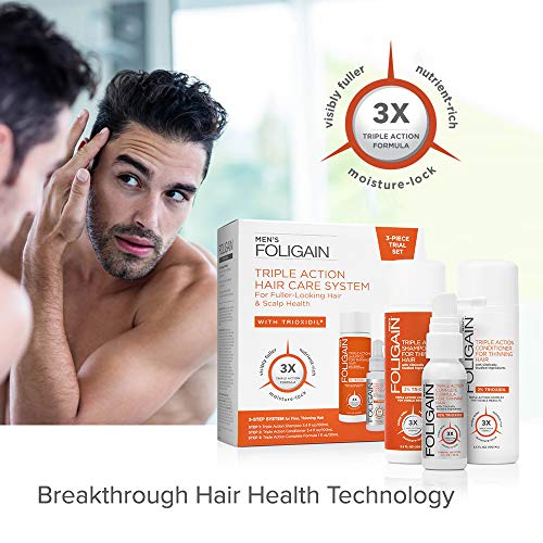 FOLIGAIN - Sistema de pérdida de cabello de triple acción para hombres con 10% de trioxidil - Champú, acondicionador y loción