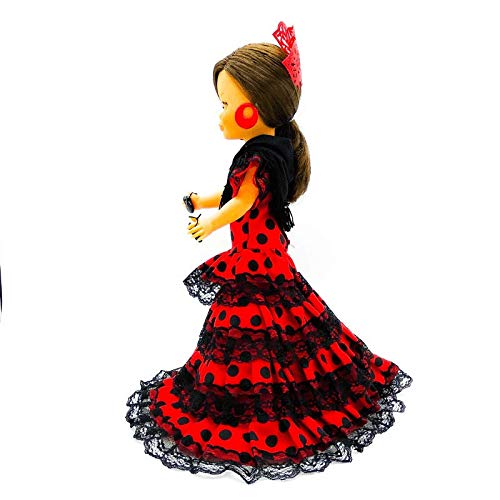 Folk Artesanía Vestido, Pendientes, Percha, peinetas y castañuelas Flamenca Andaluza muñeca Nancy clásica de Famosa (Negro Lunar Rojo)