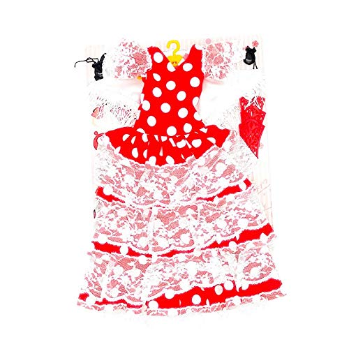 Folk Artesanía Vestido, Pendientes, Percha, peinetas y castañuelas Flamenca Andaluza muñeca Nancy clásica de Famosa (Negro Lunar Rojo)