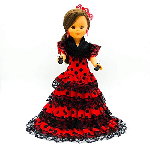 Folk Artesanía Vestido, Pendientes, Percha, peinetas y castañuelas Flamenca Andaluza muñeca Nancy clásica de Famosa (Negro Lunar Rojo)