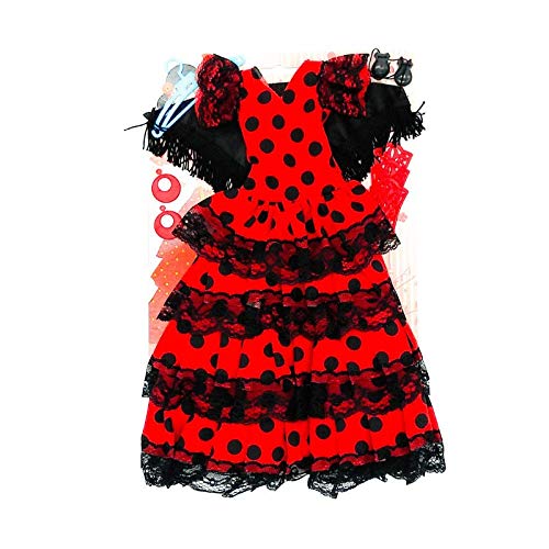 Folk Artesanía Vestido, Pendientes, Percha, peinetas y castañuelas Flamenca Andaluza muñeca Nancy clásica de Famosa (Negro Lunar Rojo)