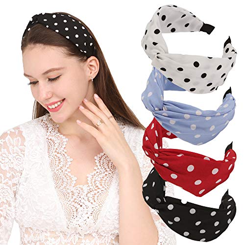 Folora 4 piezas de diadema ancha de moda con nudo retorcido, hermosa banda para el cabello para mujeres y niñas, lunares