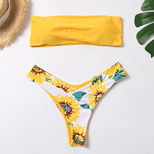 Fossen Bikinis Mujer 2021 Push up con Relleno - Estampado de cocotero en Traje de Baño de Tubo - Brasileños Bañador Ropa de Dos Piezas (S, Girasol Amarillo)