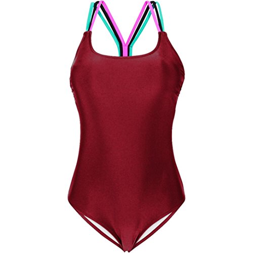 Fossen Mujer Bikinis con Relleno Trajes de una Pieza Ropa de baño Bañador de Escotado por detrás (L, Vino Rojo)