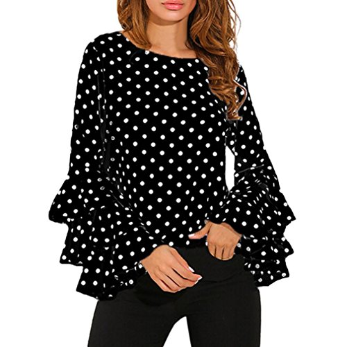 Fossen Mujer Blusas de Manga Larga Volantes Trompeta Punto de Ola Camisetas de Baratas y Oferta Gasa Camisa de Mujer Elegantes de Fiesta (XL, Negro)