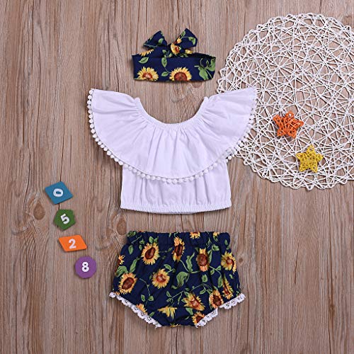 Fossen Ropa Bebe Niña Verano 2019-3 PC/Conjuntos -Camiseta de Manga Corta con Volantes de Flecos Pantalones Cortos de Girasol + Banda de Pelo - para Recien Nacido 0 a 2 años