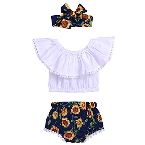 Fossen Ropa Bebe Niña Verano 2019-3 PC/Conjuntos -Camiseta de Manga Corta con Volantes de Flecos Pantalones Cortos de Girasol + Banda de Pelo - para Recien Nacido 0 a 2 años