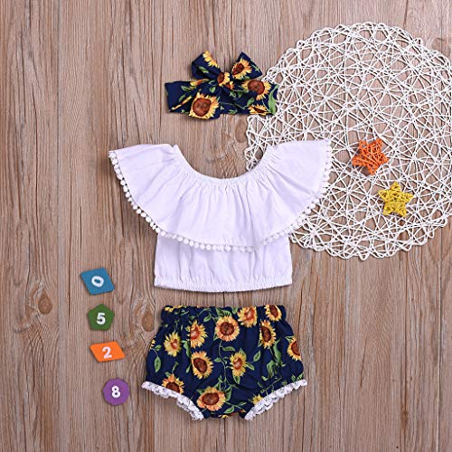 Fossen Ropa Bebe Niña Verano 2019-3 PC/Conjuntos -Camiseta de Manga Corta con Volantes de Flecos Pantalones Cortos de Girasol + Banda de Pelo - para Recien Nacido 0 a 2 años