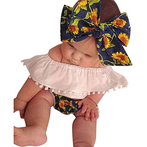 Fossen Ropa Bebe Niña Verano 2019-3 PC/Conjuntos -Camiseta de Manga Corta con Volantes de Flecos Pantalones Cortos de Girasol + Banda de Pelo - para Recien Nacido 0 a 2 años