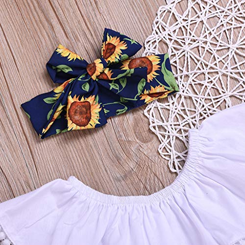Fossen Ropa Bebe Niña Verano 2019-3 PC/Conjuntos -Camiseta de Manga Corta con Volantes de Flecos Pantalones Cortos de Girasol + Banda de Pelo - para Recien Nacido 0 a 2 años