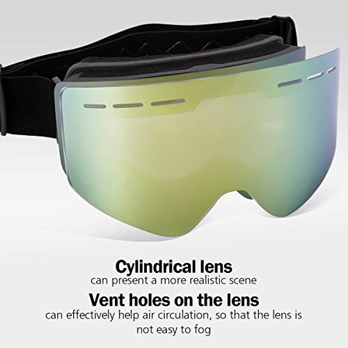 FREE SOLDIER Gafas Esqui OTG Gafas de Esqui Antivaho de Invierno Gafas Snowboard al Aire Libre con Lentes Cilíndricas para Hombres, Mujeres y Jóvenes (REVO Dorado 25.4% VLT)