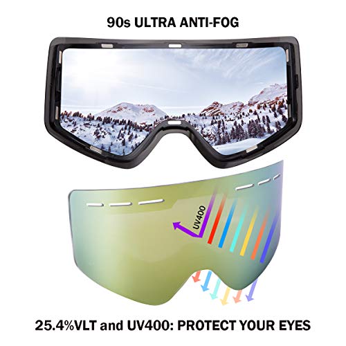 FREE SOLDIER Gafas Esqui OTG Gafas de Esqui Antivaho de Invierno Gafas Snowboard al Aire Libre con Lentes Cilíndricas para Hombres, Mujeres y Jóvenes (REVO Dorado 25.4% VLT)