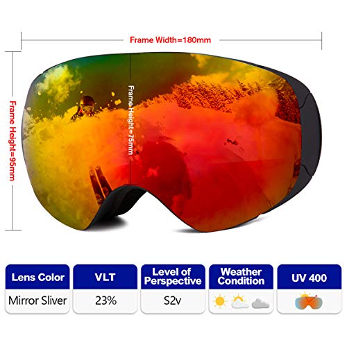 FREE SOLDIER Gafas Esqui para Hombres y Mujeres Gafas Snowboard Antivaho OTG con Lentes Extraíbles Gafas de Esqui sin Marco Magnéticas de Invierno con Protección 100% UV400(Rojo-23% VLT)