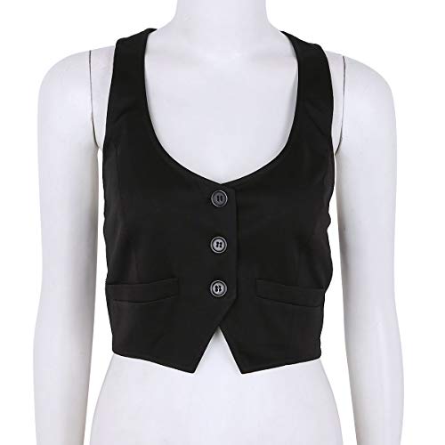 Freebily Las Mujeres Chaleco Ocasionales Sin Mang Botón Cuello En V Abajo Chaleco Ajustado Corto de Otoño Outwear Formal Negro Medium