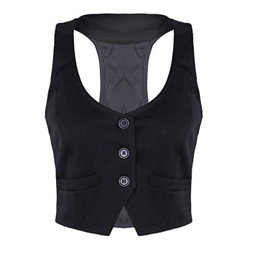 Freebily Las Mujeres Chaleco Ocasionales Sin Mang Botón Cuello En V Abajo Chaleco Ajustado Corto de Otoño Outwear Formal Negro Medium