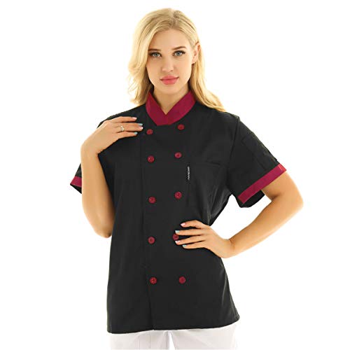 Freebily Unisexo Camisa de Cocineros Camareros Chef Uniforme Mandarin de Trabajo Cocina Hotel Restaurante Chaqueta Llaboral Profesional Mangas Cortas Doble Pecho Negro L